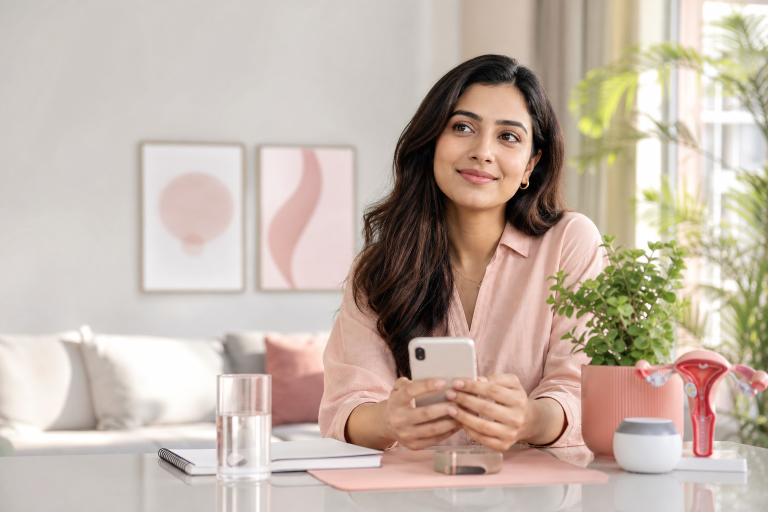 Woman using a health app in a calm wellness space