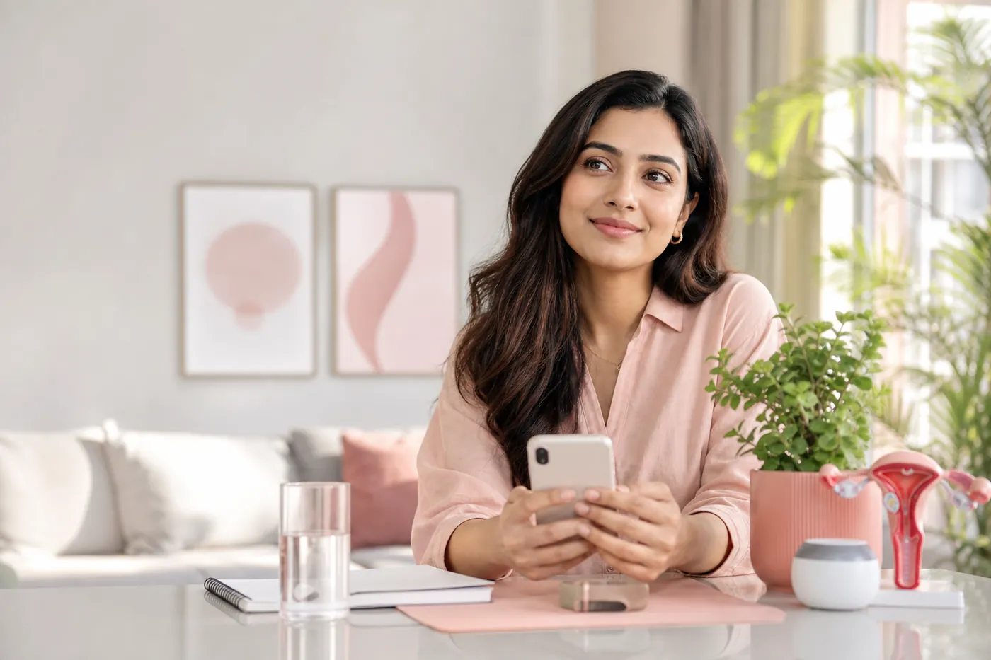 A woman at home, calmly checking her health on her phone