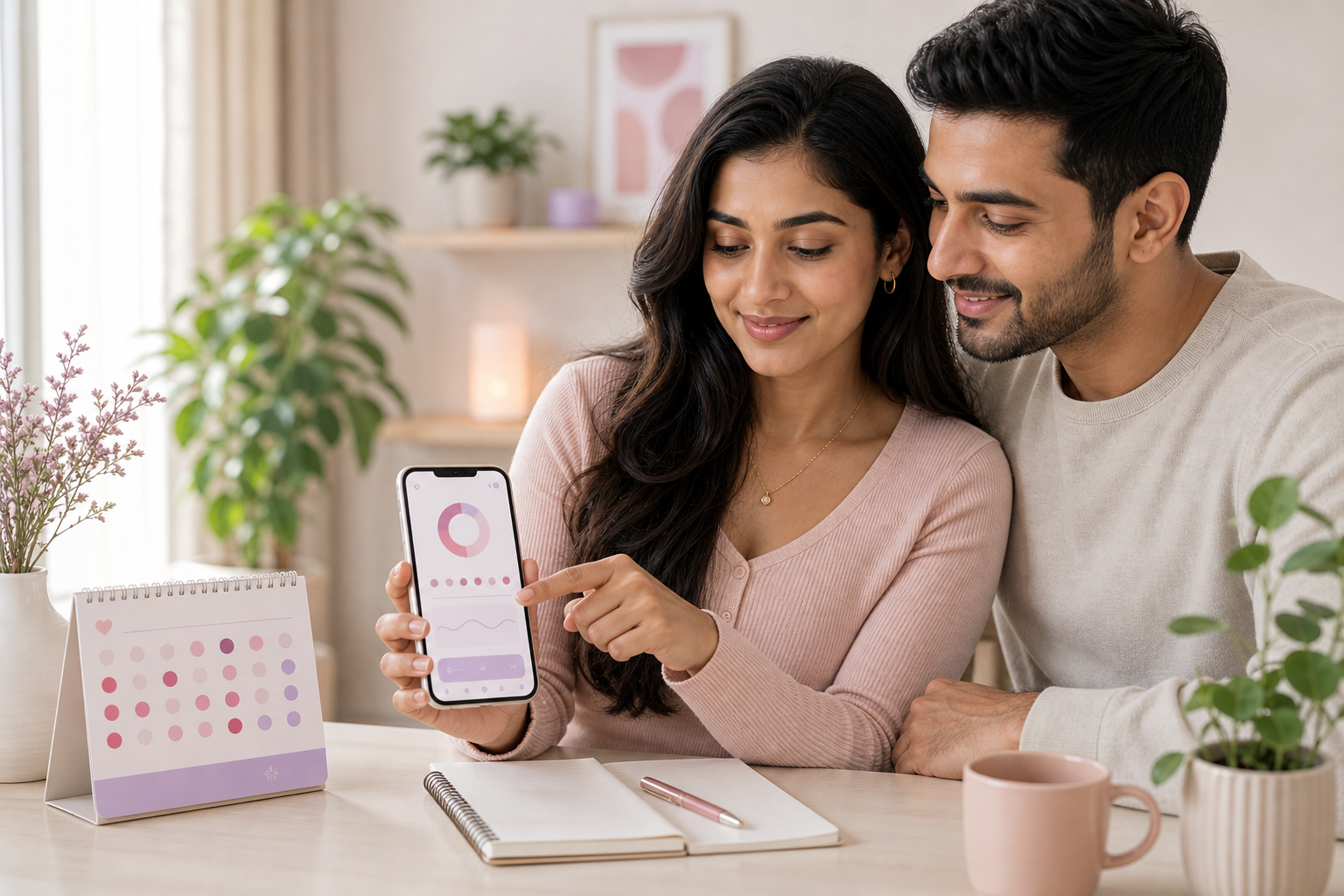 Couple and woman reviewing fertility and ovulation insights on a health app