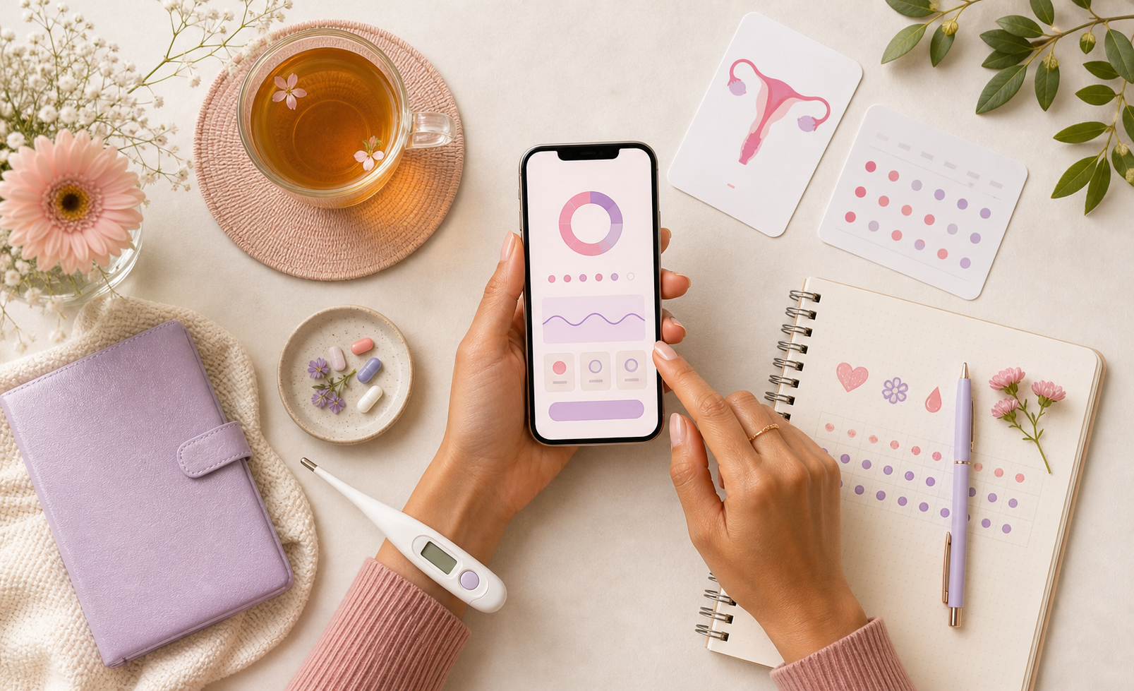 Ovulation calendar, fertility notes, and warm wellness imagery