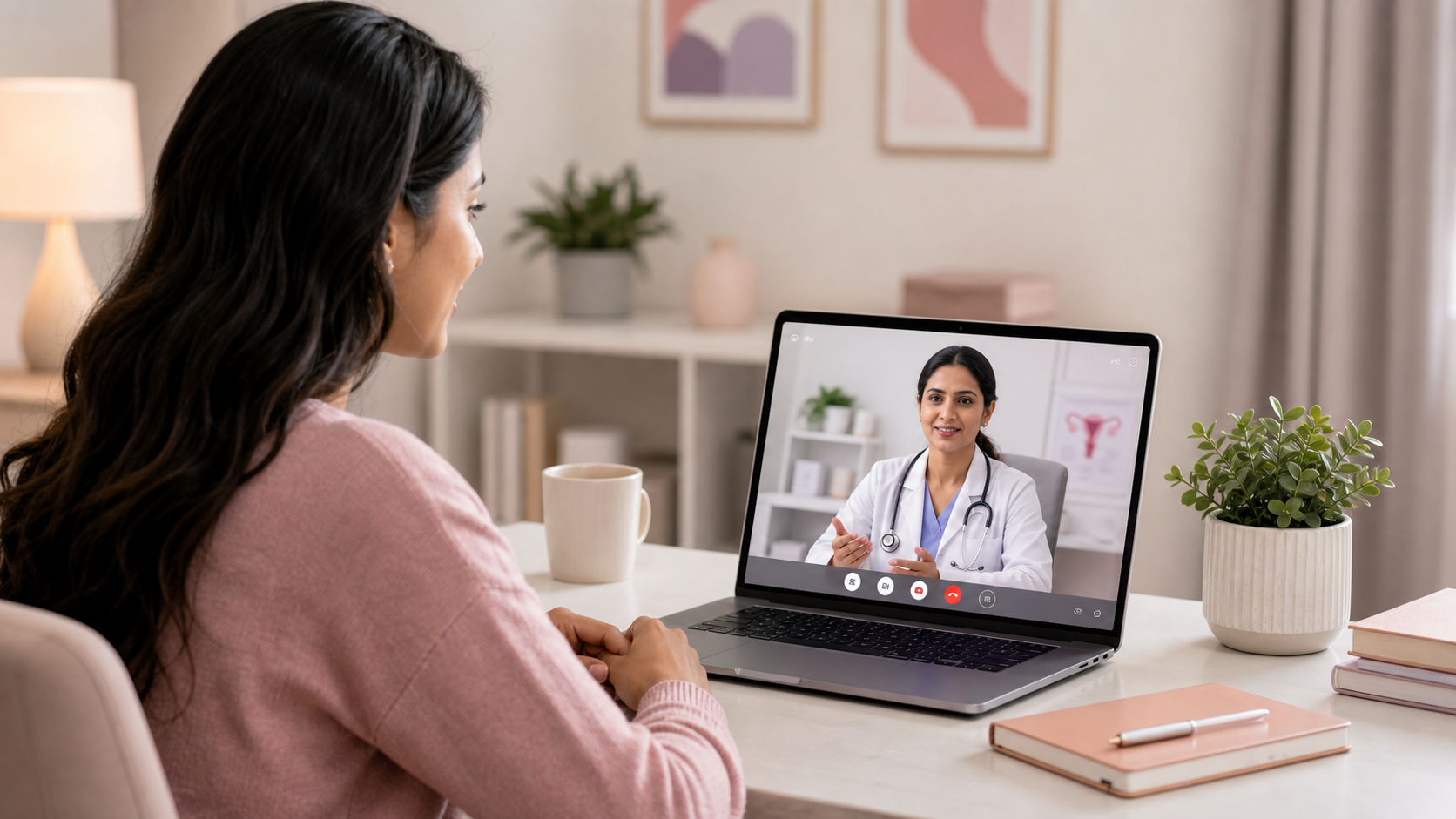 Woman joining a gynecology teleconsultation through Clora