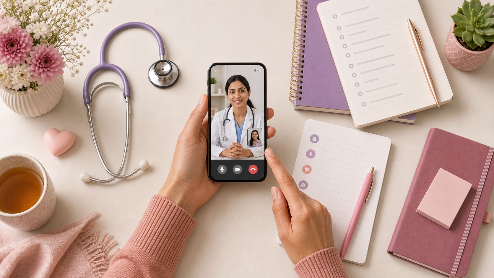 Digital doctor consultation setup with women health records and app screen