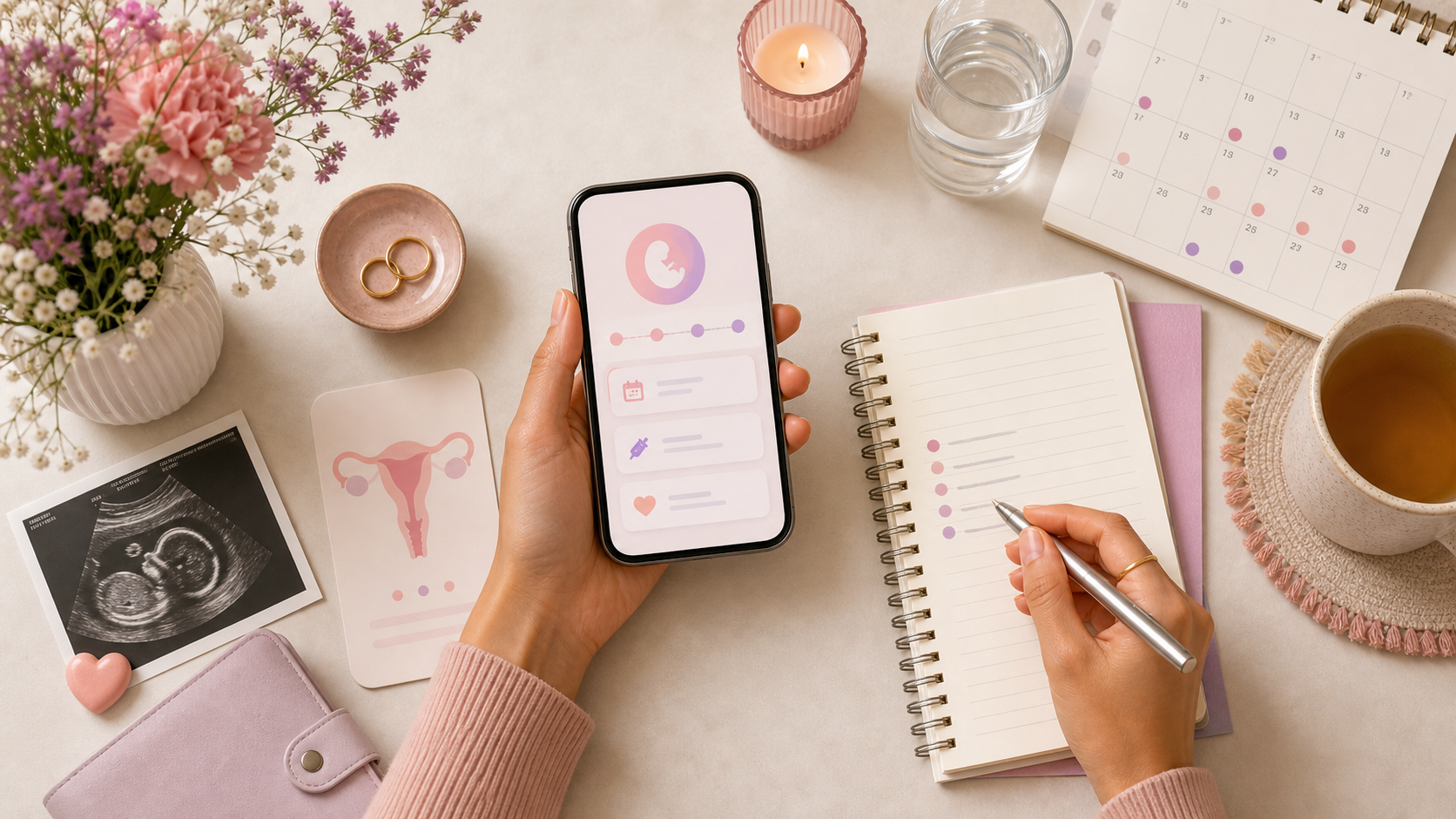 IVF planning journal with medication calendar and Clora app