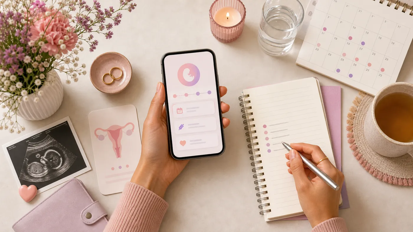 IVF planning journal with medication calendar and Clora app