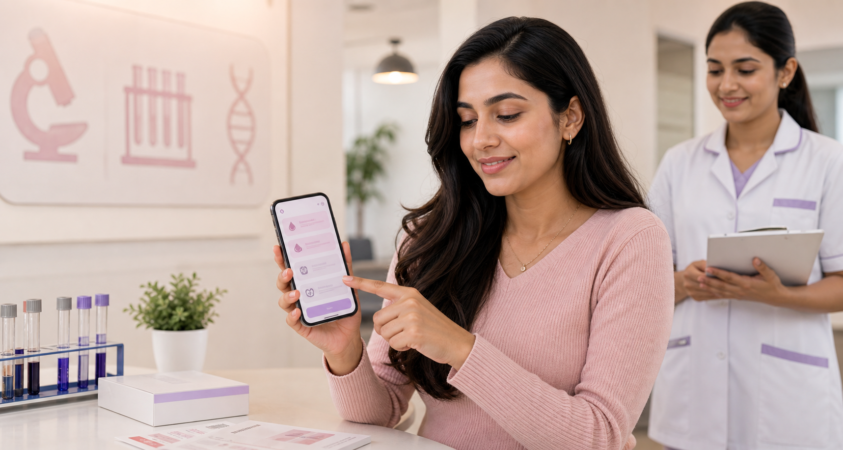 Diagnostic lab setup with women health reports and Clora app