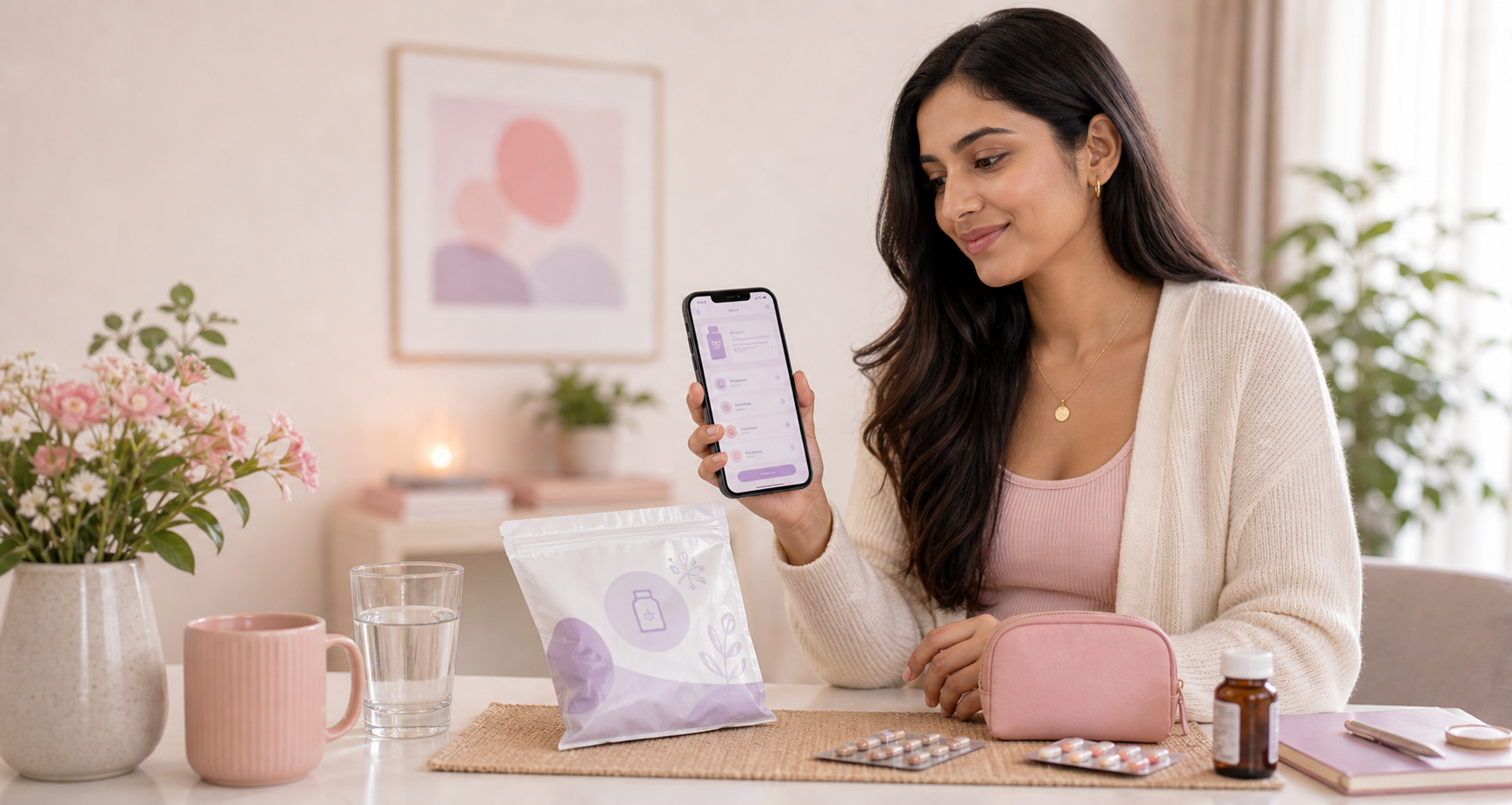 Woman checking prescription medicine ordering through Clora