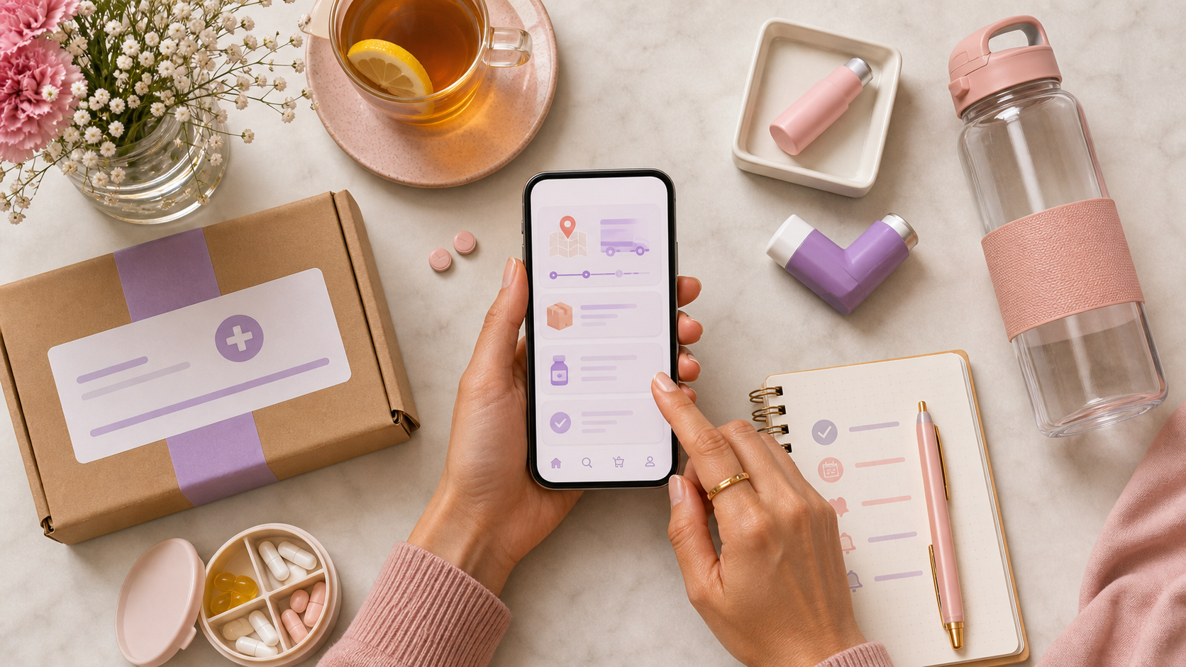 Medicines, prescription notes, and women health app on a clean desk