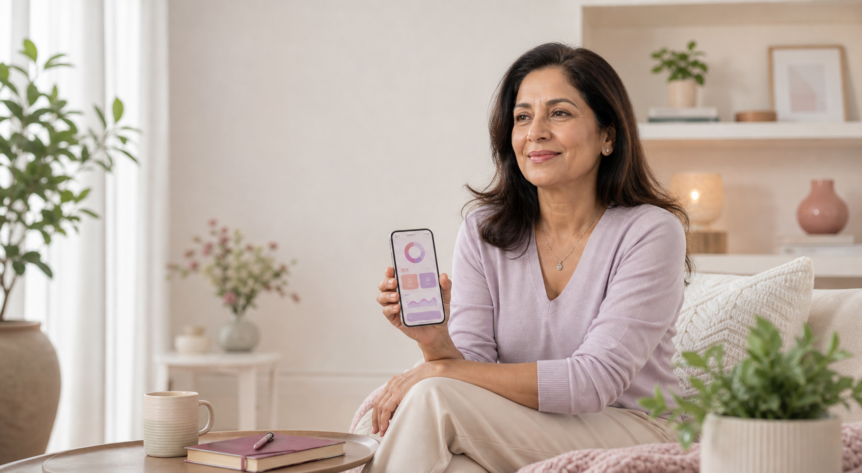 Mature woman using Clora for menopause wellness in a calm home setting