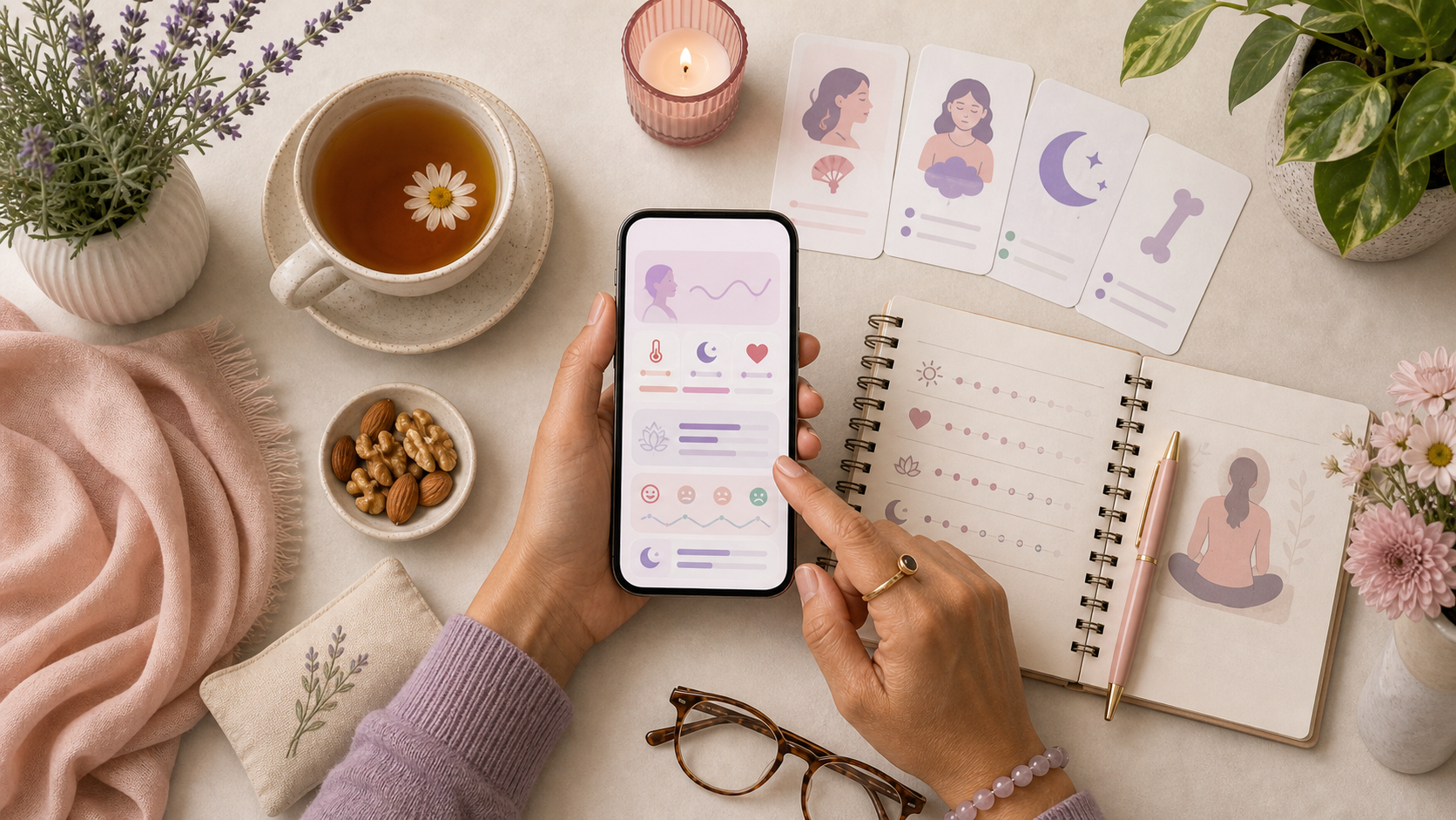 Menopause wellness journal with tea, supplements, and health app insights