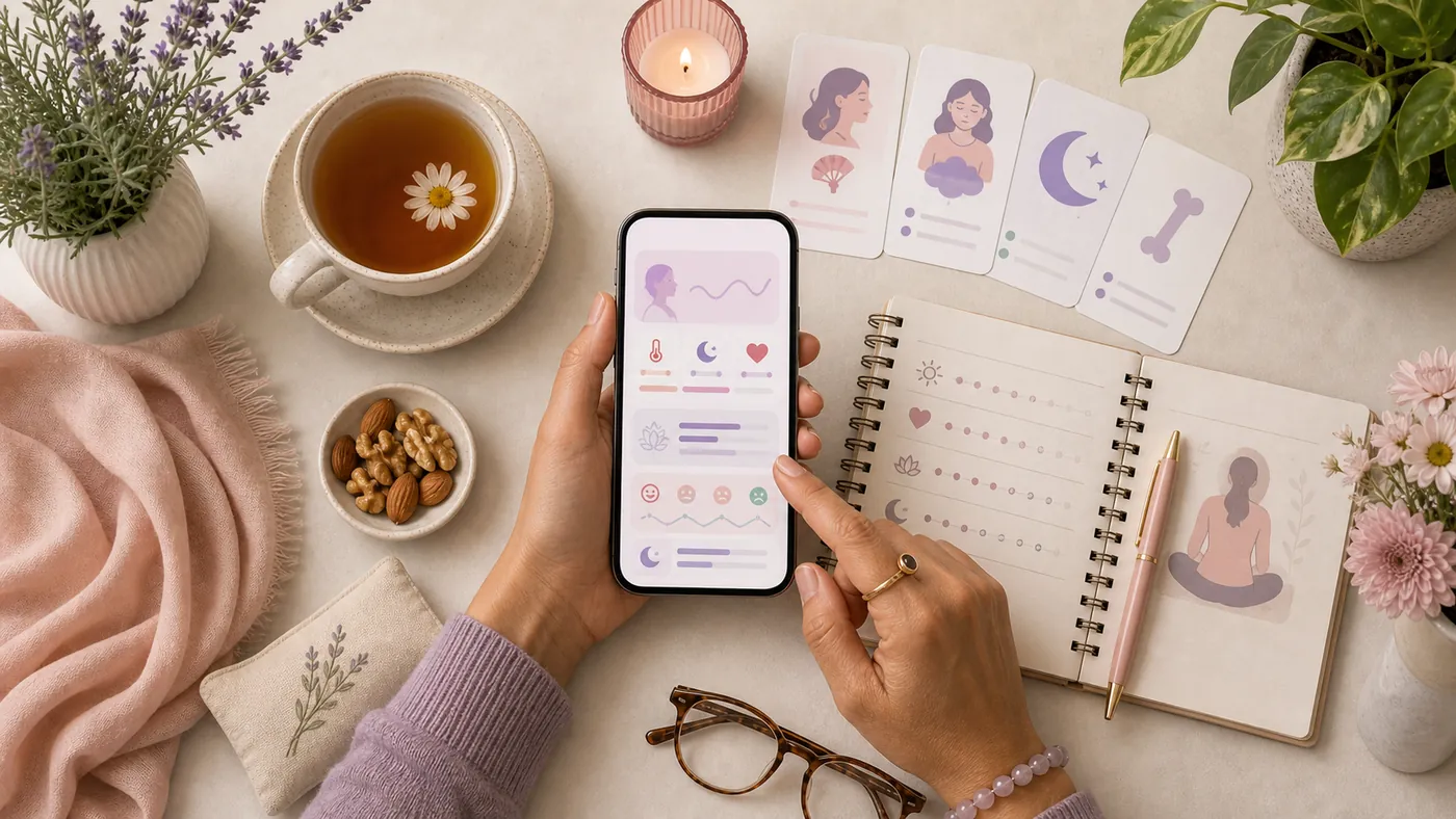 Journal and calming setup for tracking perimenopause symptoms