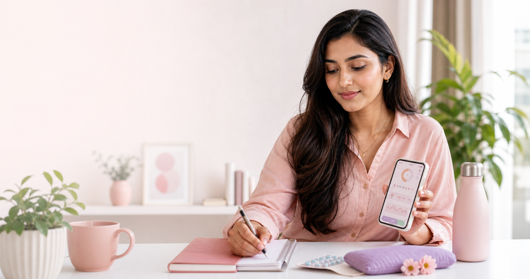 Woman reviewing menstrual health insights on the Clora app