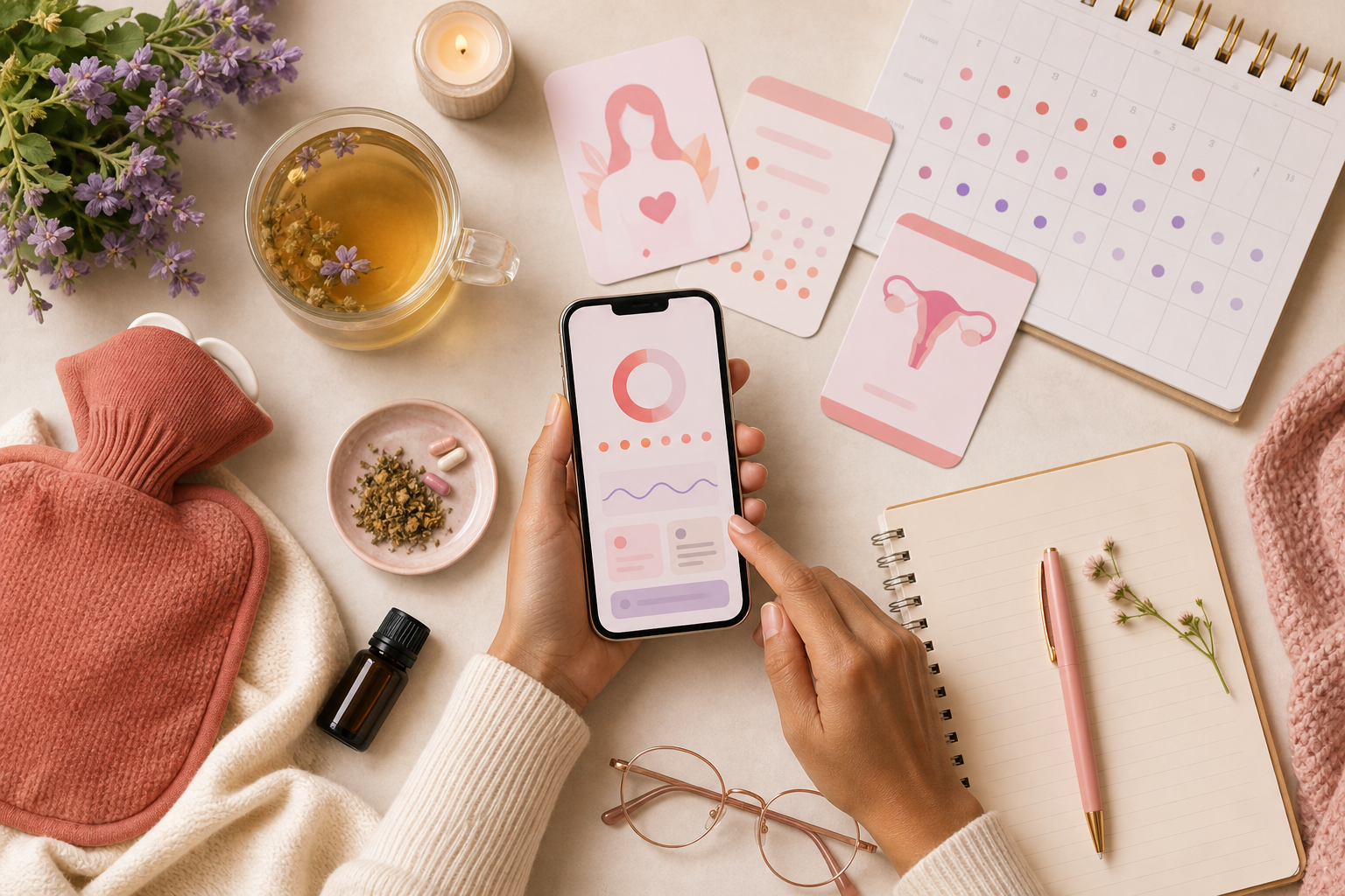 Calm menstrual wellness setup with cycle notes and health essentials