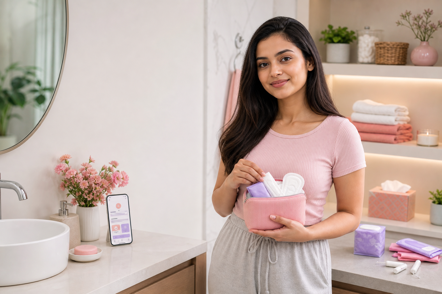 Menstrual hygiene products arranged in a clean wellness setting