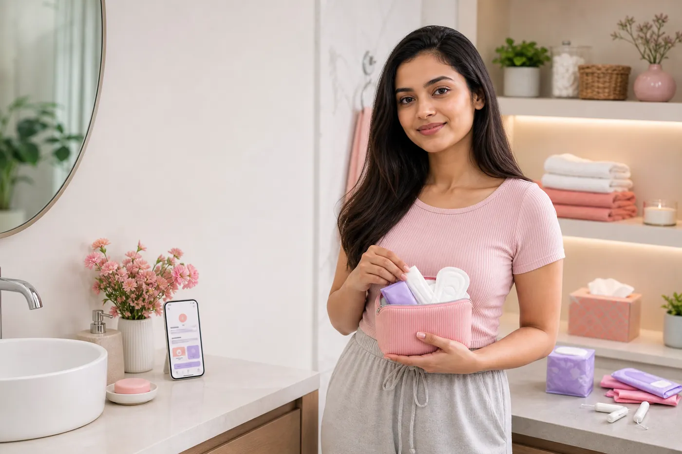 Menstrual hygiene products arranged in a clean wellness setting