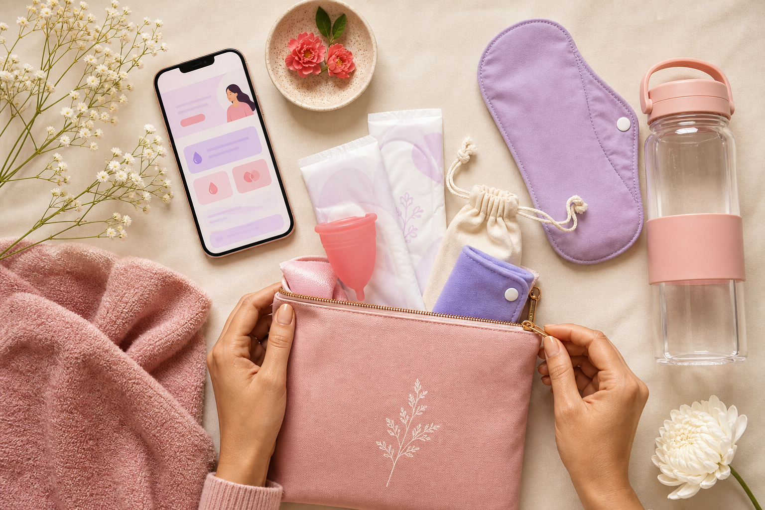 Woman organizing safe period care essentials with the Clora app nearby