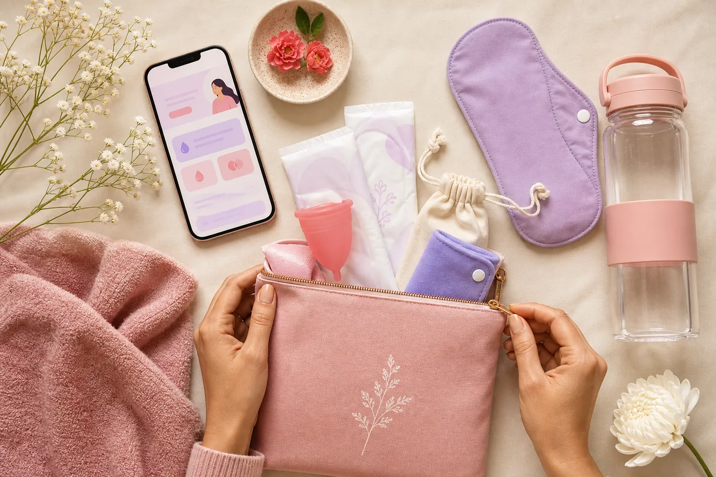 Woman organizing safe period care essentials with the Clora app nearby