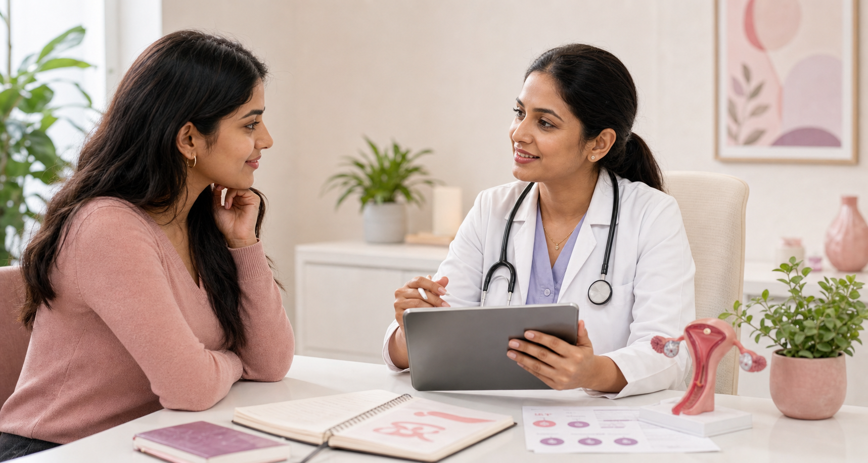 Woman reviewing PCOD and PCOS health insights in a bright clinic setting