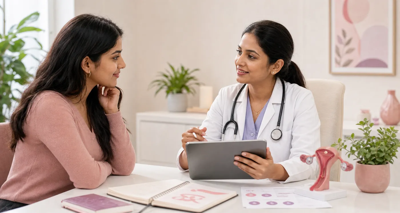 Woman reviewing PCOD and PCOS health insights in a bright clinic setting