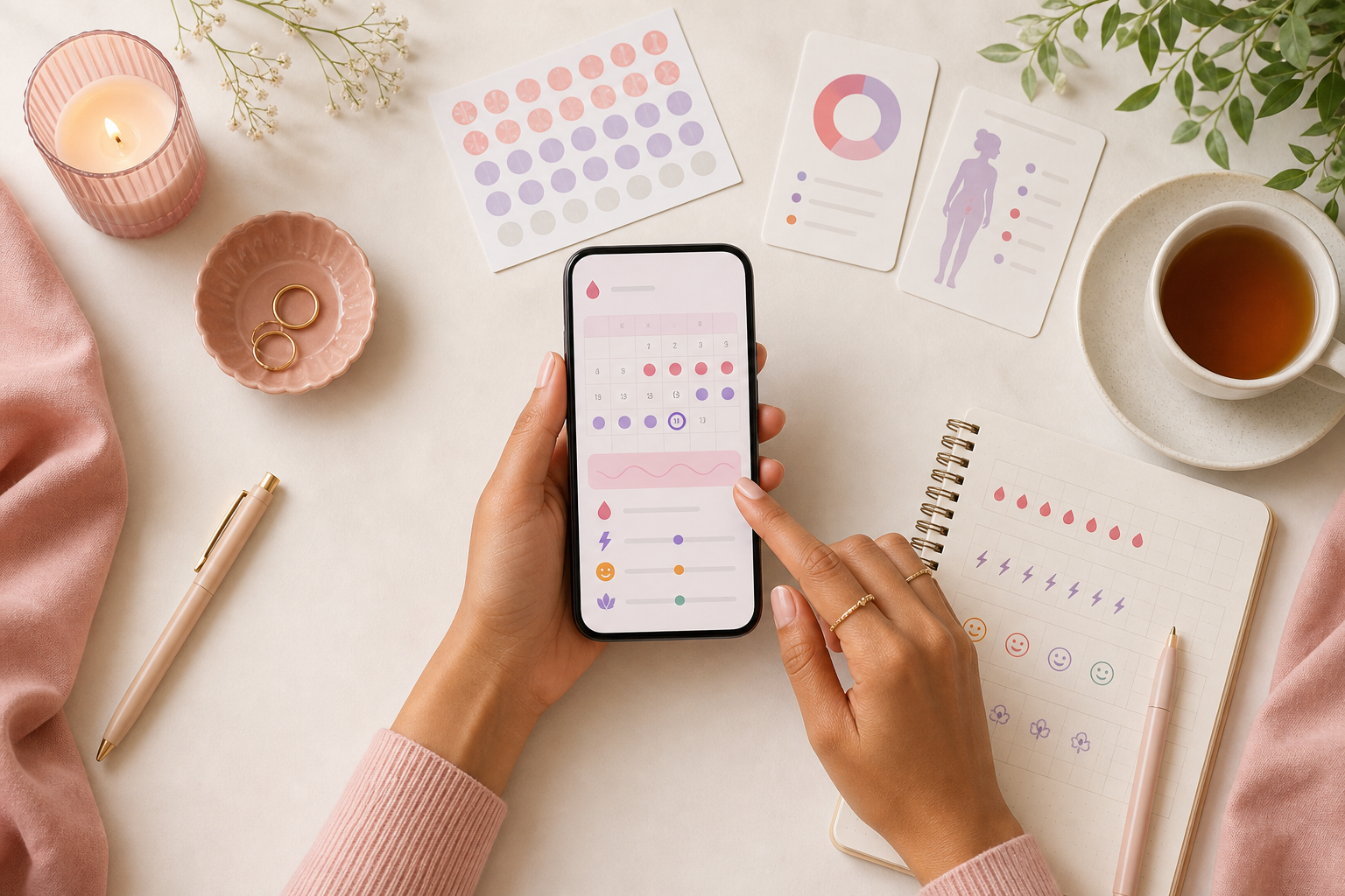 Calendar, period tracker notes, and wellness items for cycle planning
