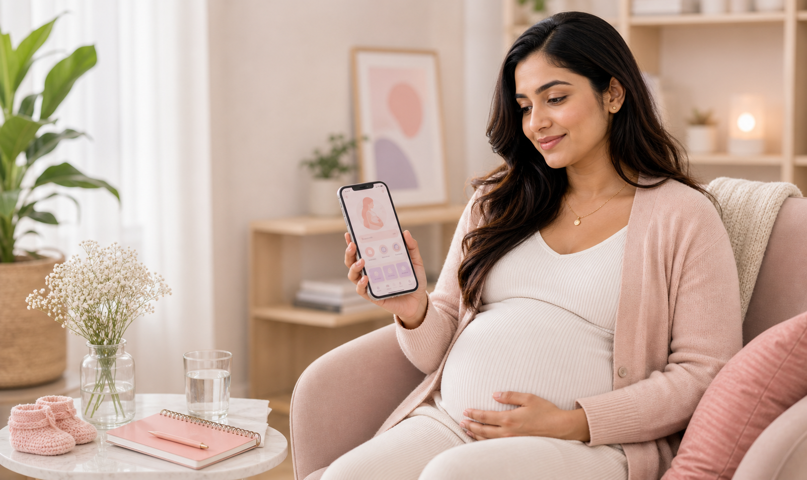 Pregnant woman reviewing health guidance on the Clora app