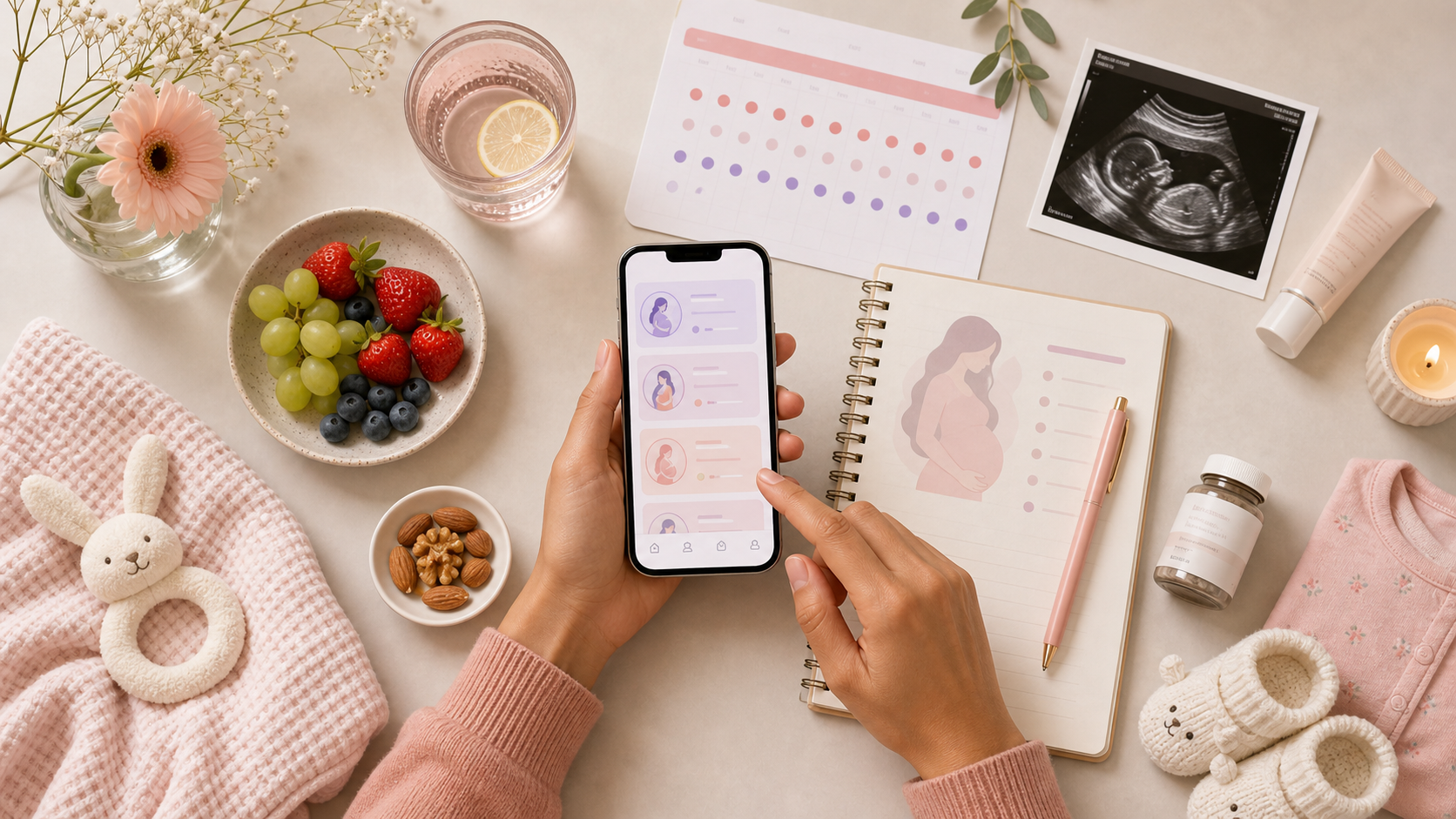 Pregnancy wellness setup with notes, ultrasound image, and care essentials